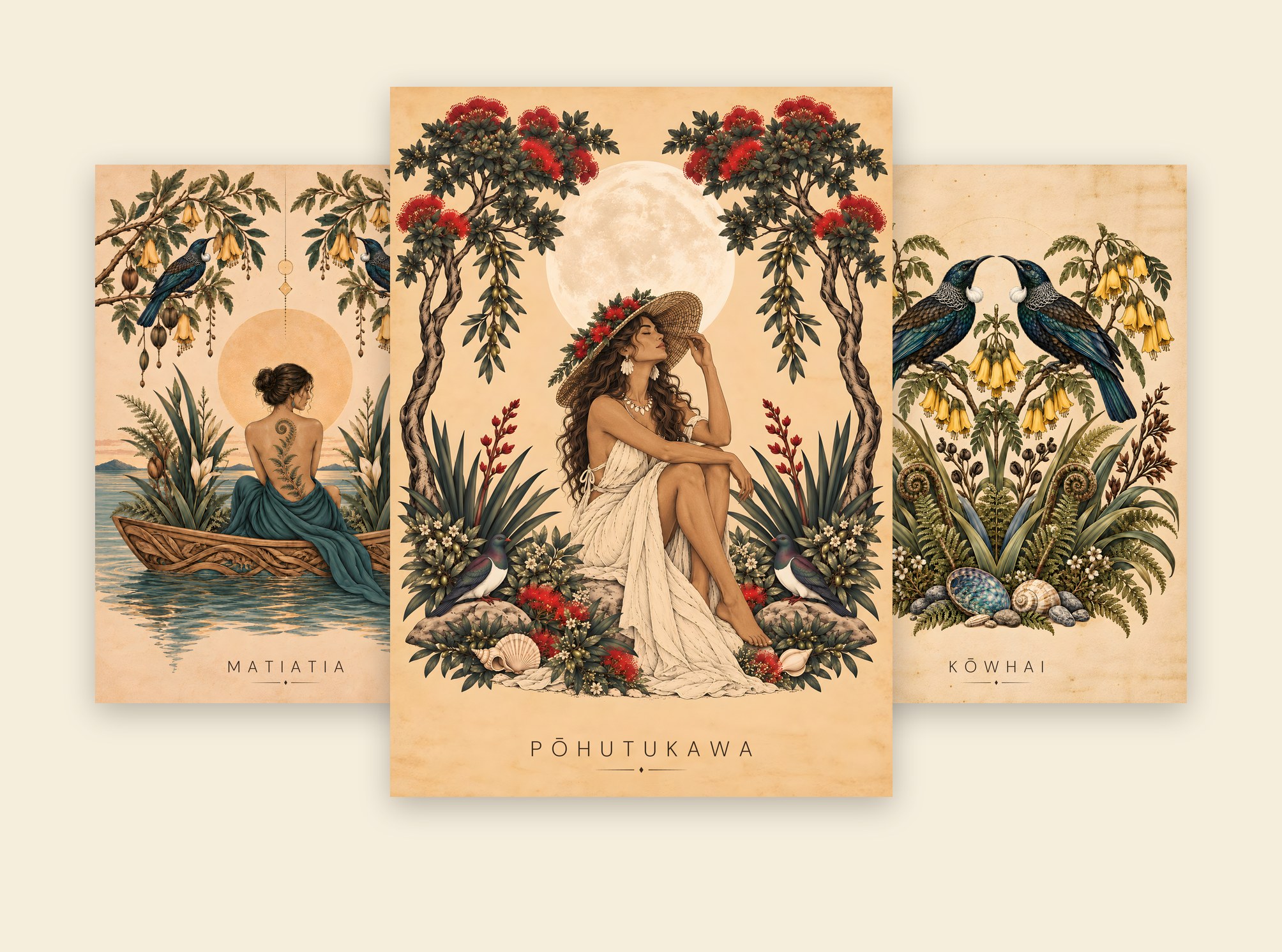 Three of the twelve prints: Matiatia, Pōhutukawa and Kōwhai