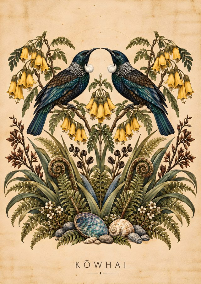Kōwhai, an A3 art print: Golden kōwhai blossoms, unfurling ferns and native tūī celebrate the renewal of spring.