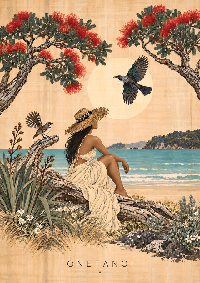 Onetangi, an A3 art print: An ode to Onetangi's sweeping shoreline and the meeting of ocean, sky and land.